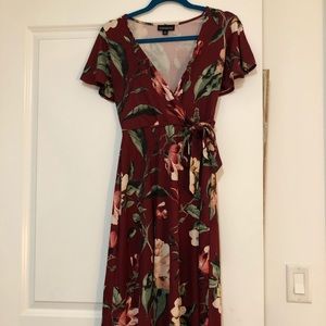 Red floral wrap dress